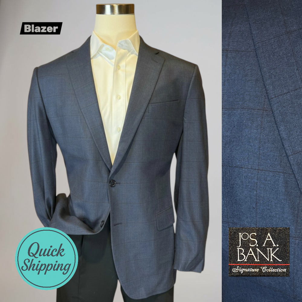 Jos A Bank Signature Collection Blazer 44L Blue Plaid Wool Sport Coat Jacket